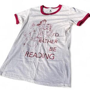 Disney Belle & Gaston I'd Rather Be Reading Grey Red Ringer T-Shirt Size Medium
